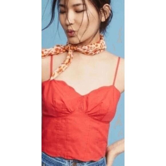 NWOT Anthropologie MAEVE Women's Red Bo Scalloped Buttons Back Cotton Red Top 14 - Picture 7 of 8